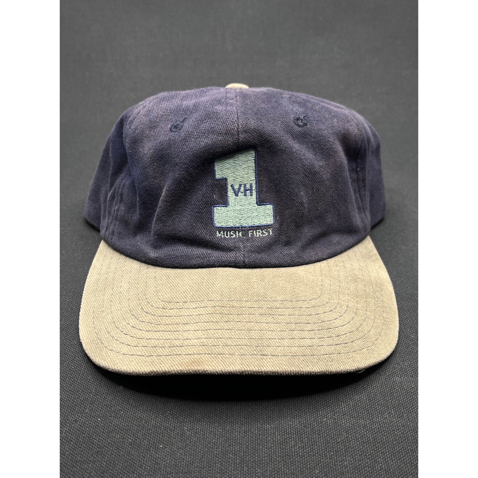 VH1 “Music First” Vintage Snapback Hat – 1990s Two-Tone Navy/Khaki (Promo)