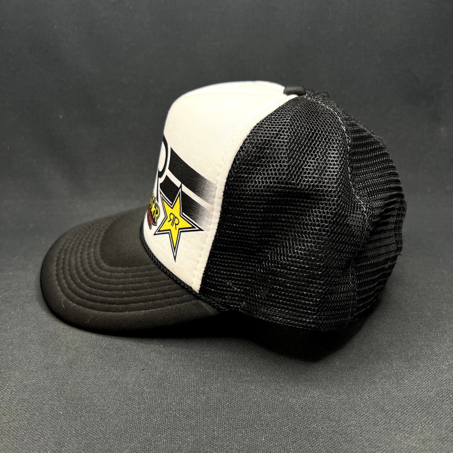 Vintage Y2K Rockstar Energy Drink Logo Mesh Trucker Snapback Hat Black White