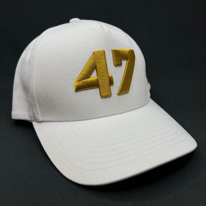 Charlie Kirk “47” Gold Embroidered Snapback Hat White