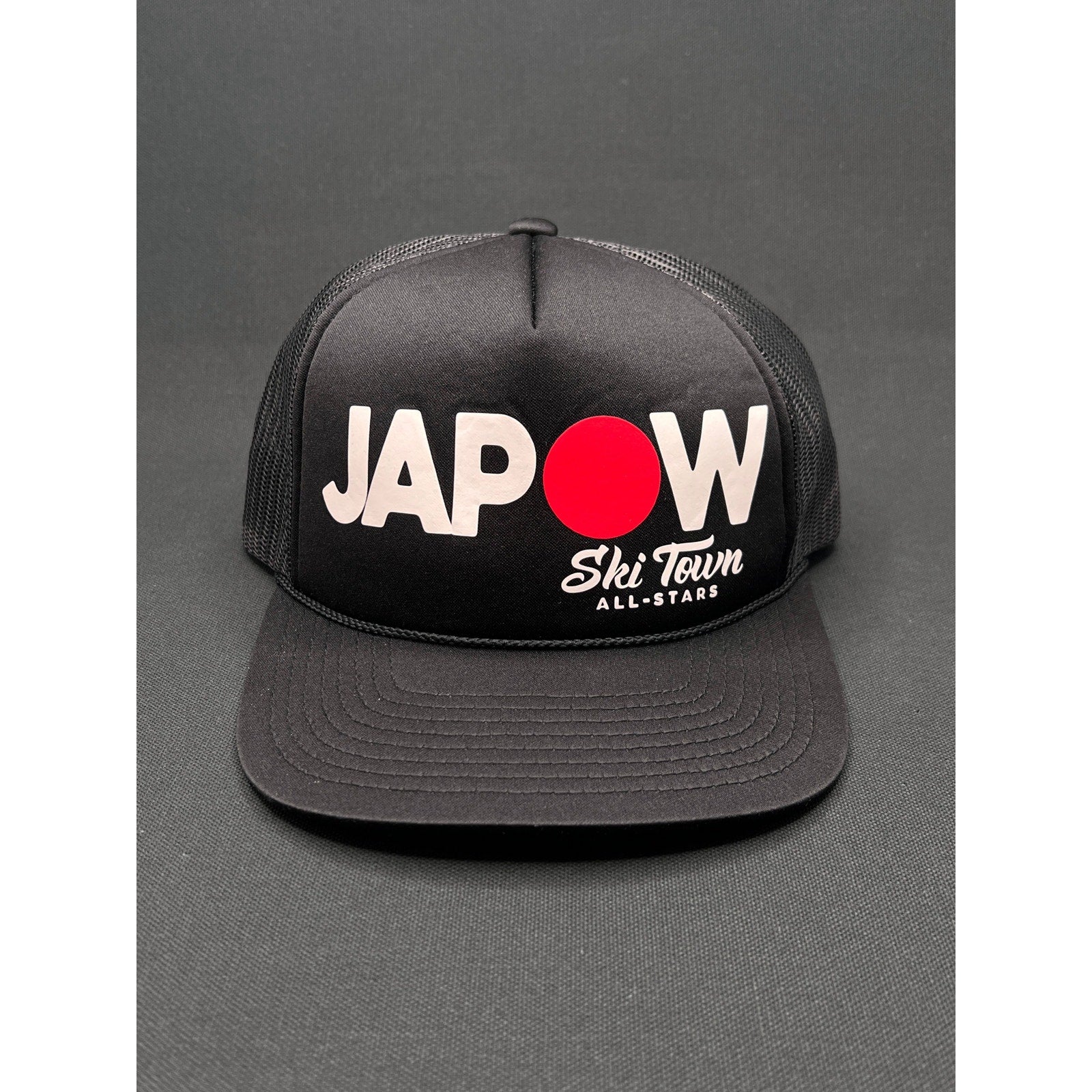 Vintage JAPOW Ski Town All-Stars Trucker Hat Black Mesh Snow Culture Cap