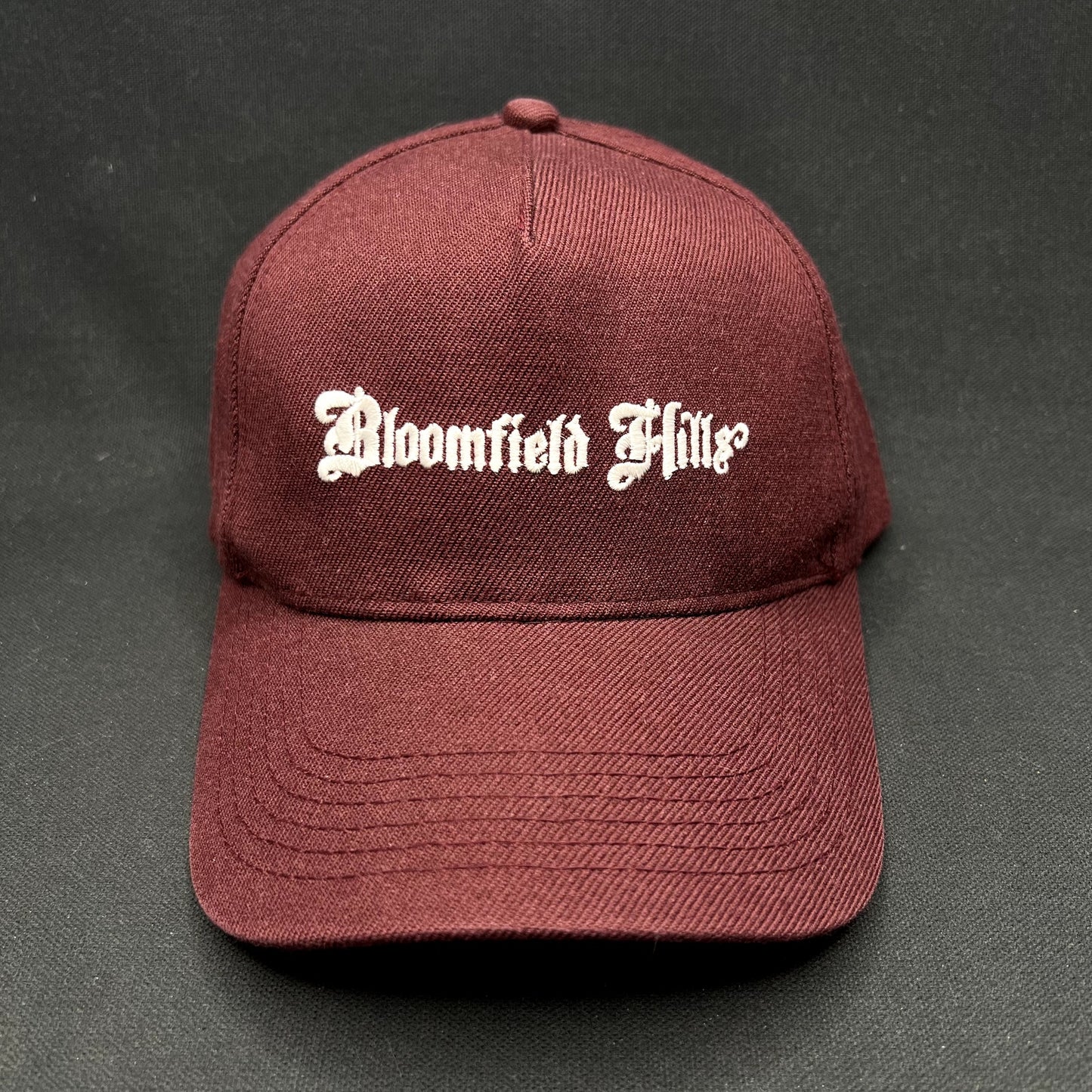 Bloomfield Hills Snapback Hat Burgundy Gothic Script Cap