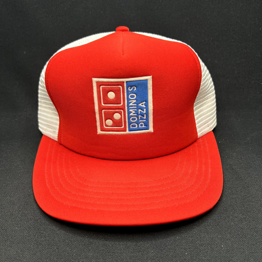 Vintage 1980s Domino’s Pizza Sample Trucker Snapback Hat Red White USA