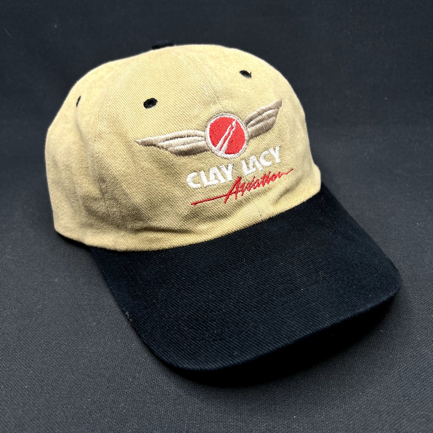 Vintage Clay Lacy Aviation Strapback Hat Tan Black Pilot Airport Cap