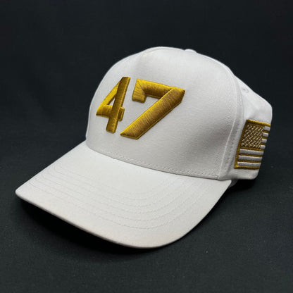 Charlie Kirk “47” Gold Embroidered Snapback Hat White