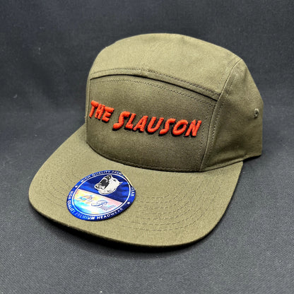 The Slauson 5 Panel Strapback Hat Olive Red Yellow Pit Bull