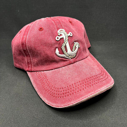 Vintage Nautical Anchor Embroidered Washed Red Cotton Strapback Hat Adjustable