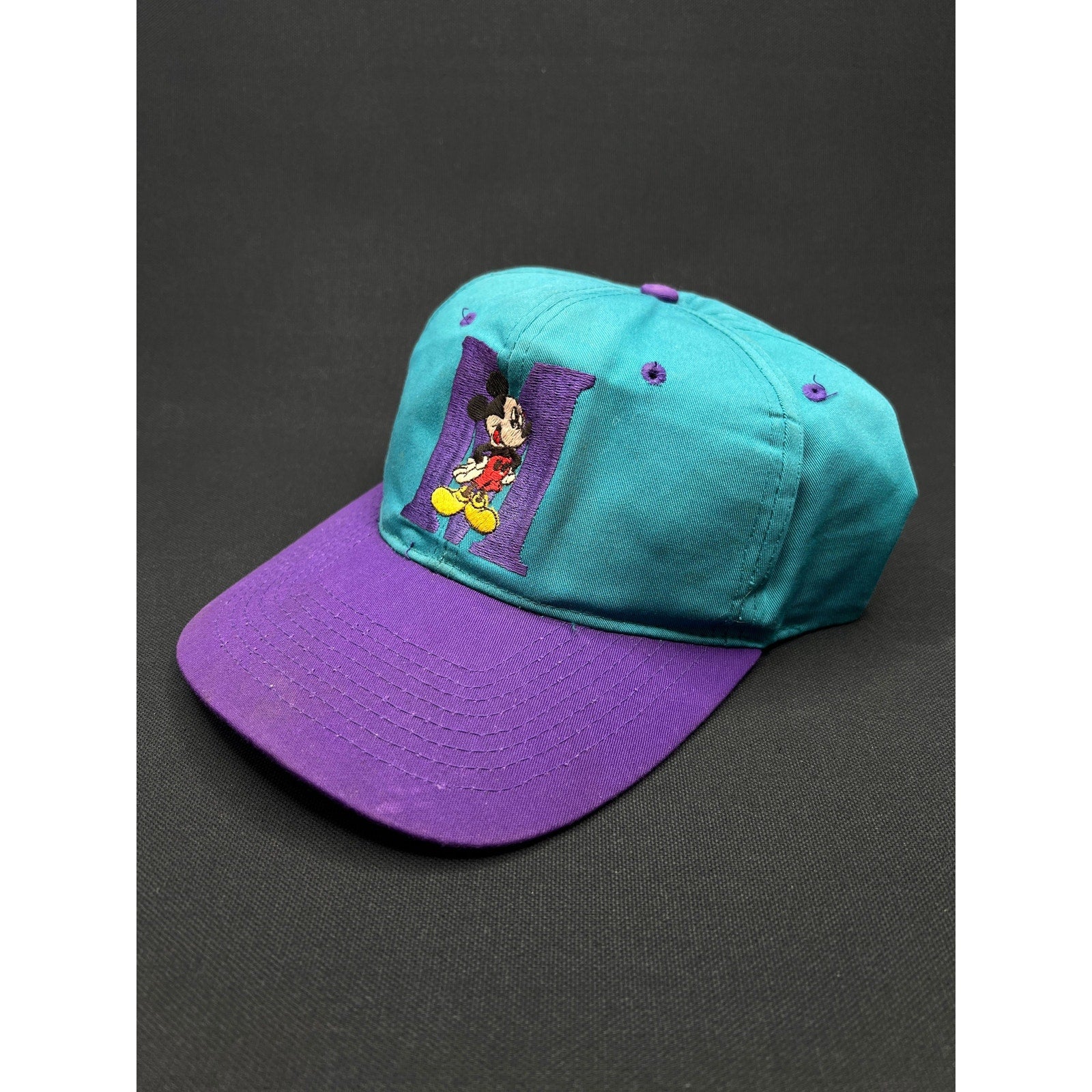 Vintage 1990s Mickey Mouse “M” Hat – Teal & Purple Snapback by Mickey Unlimited (Disney)