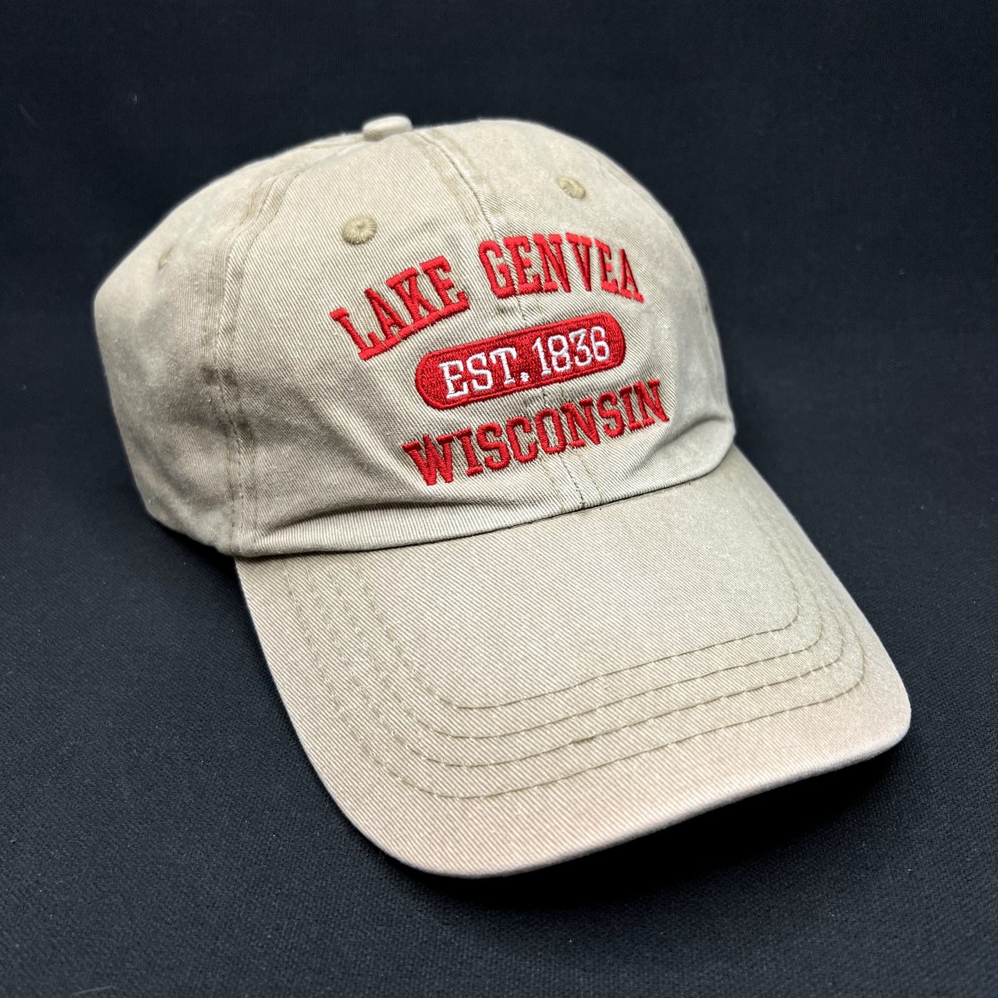 Vintage Lake Geneva Wisconsin Strapback Hat Khaki Tourist Travel Cap Embroidered