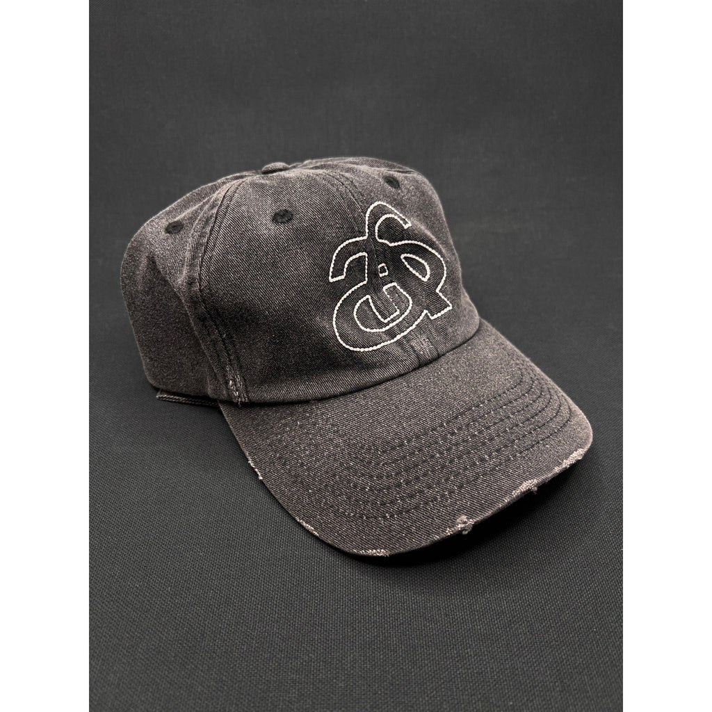 Ann Andelman Distressed Black Denim Cap – Minimalist Monogram Logo Hat