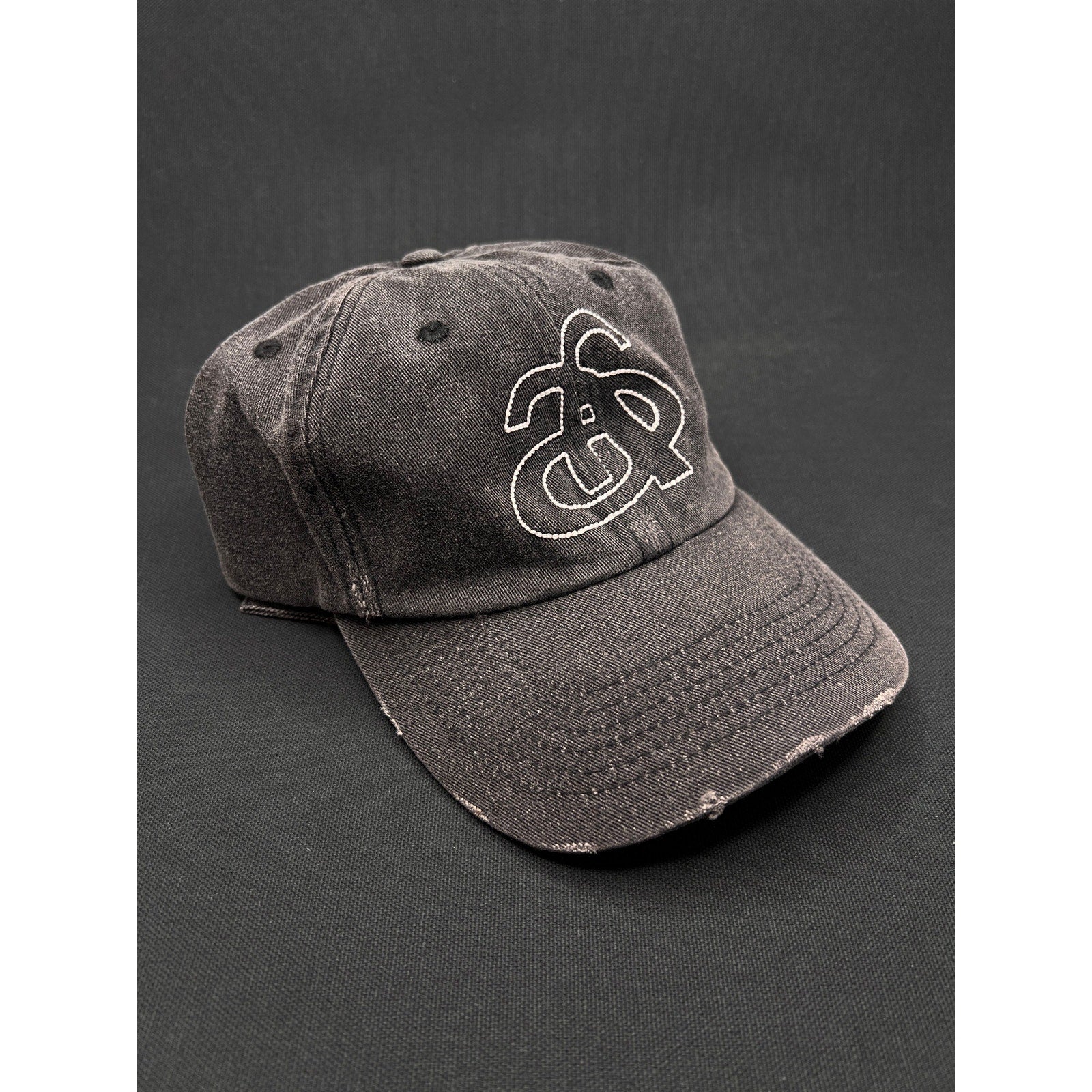 Ann Andelman Distressed Black Denim Cap – Minimalist Monogram Logo Hat