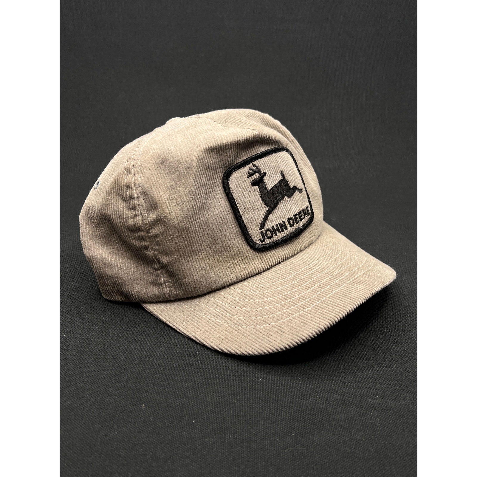 Vintage John Deere Tan Corduroy Hat Leaping Deer Patch Snapback Made in USA
