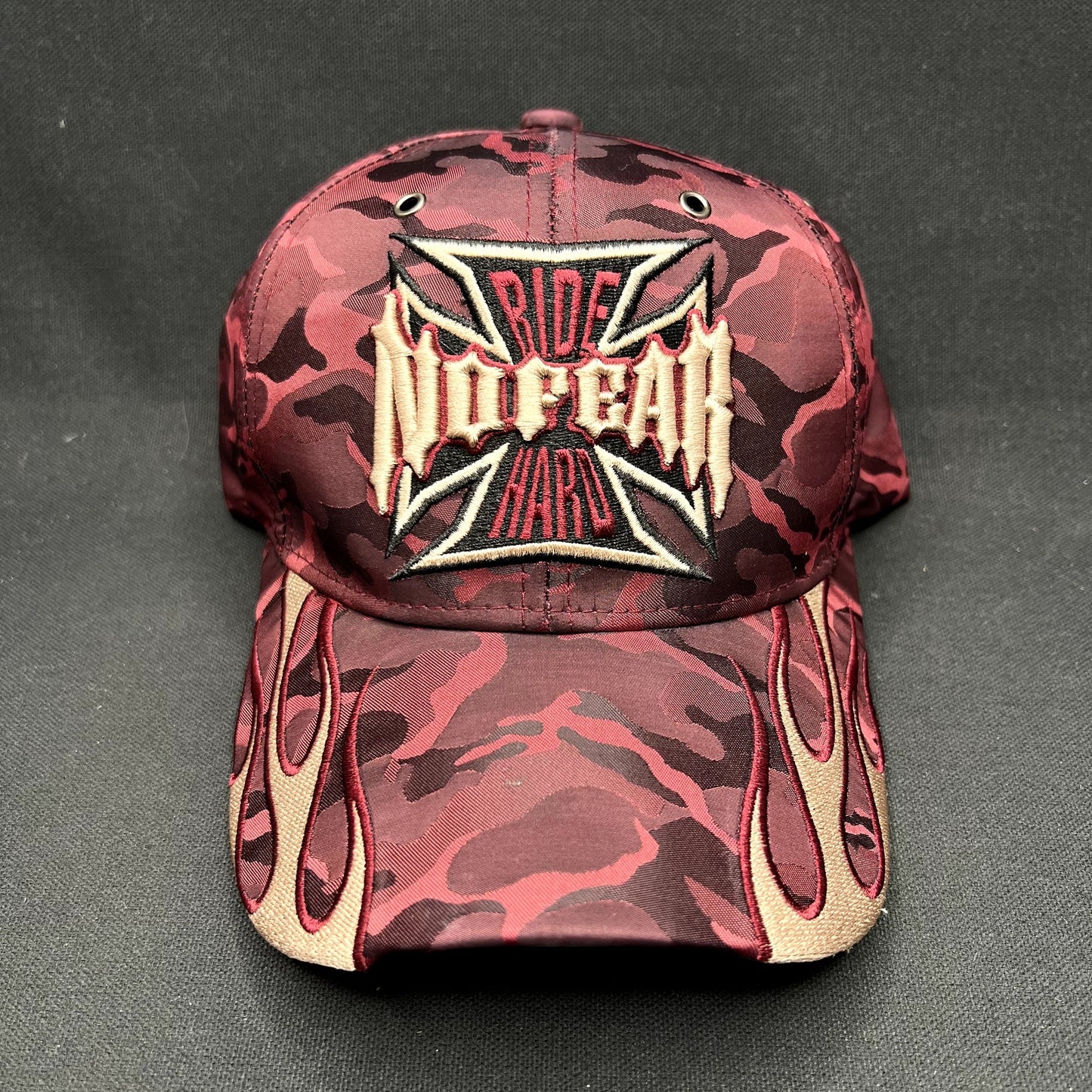 Y2K No Fear Ride Hard Flame Camo Strapback Hat Black Eagle Cap