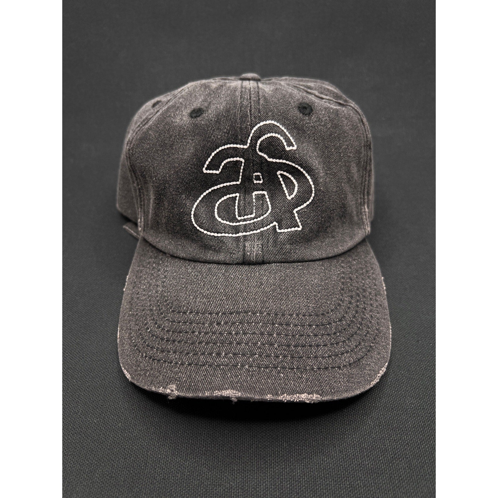 Ann Andelman Distressed Black Denim Cap – Minimalist Monogram Logo Hat