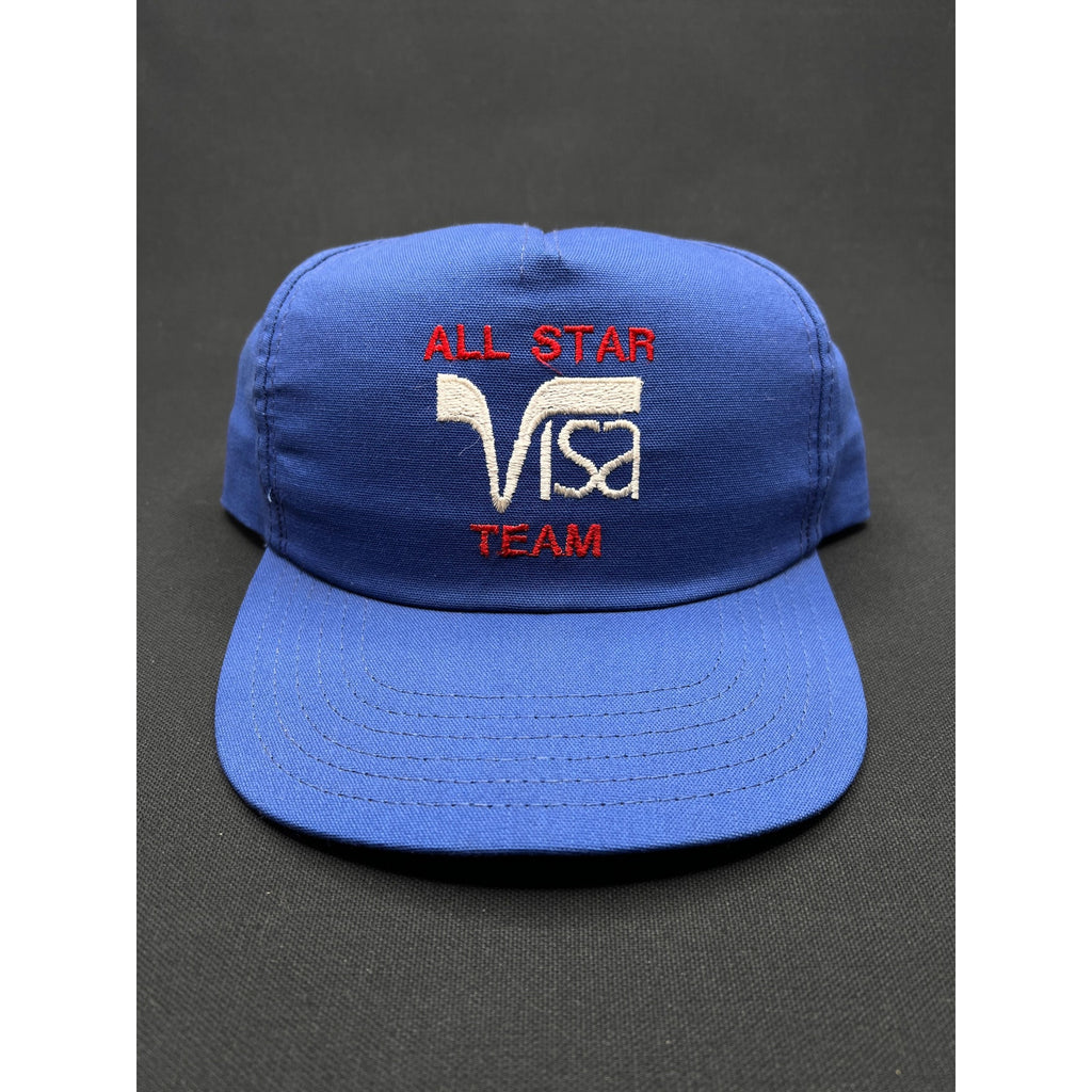 Vintage 1980s Visa “All Star Team” Blue Mesh Trucker Hat – Made in USA