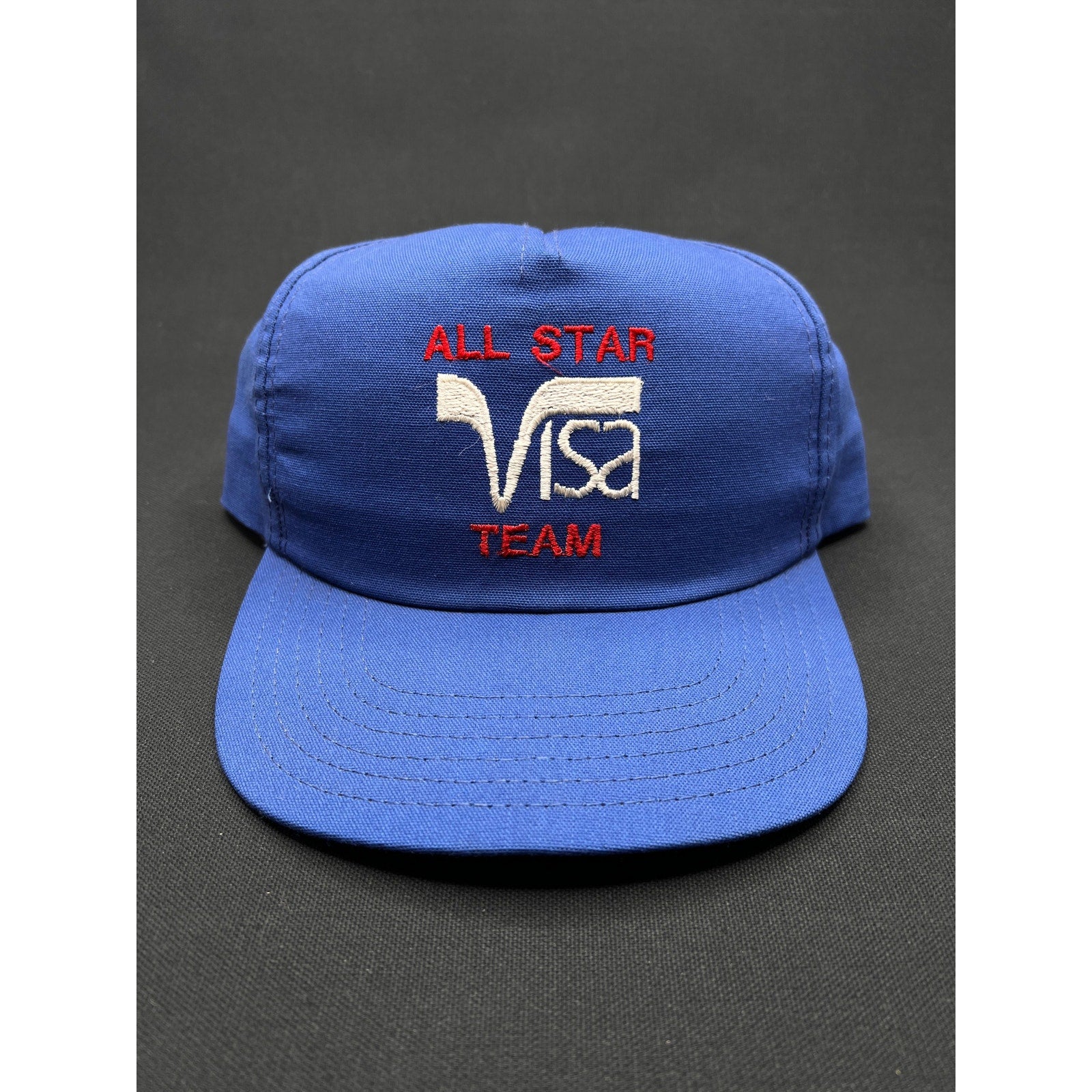 Vintage 1980s Visa “All Star Team” Blue Mesh Trucker Hat – Made in USA