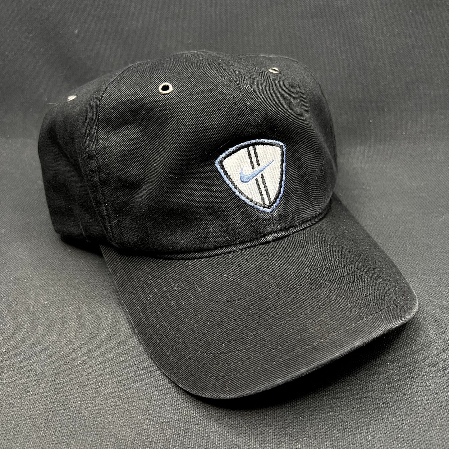 Vintage Nike Soccer Shield Strapback Hat Black Swoosh Cap Y2K