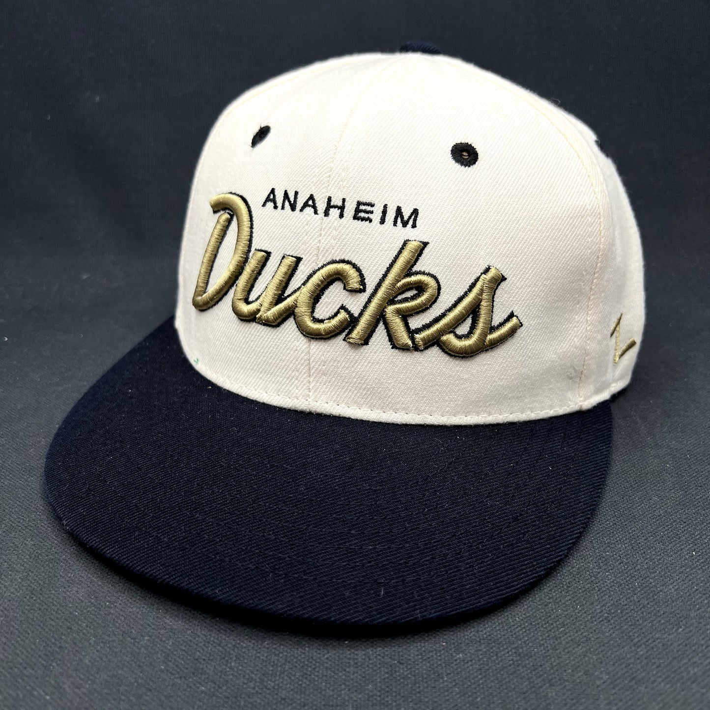 Anaheim Ducks Zephyr Script Snapback Hat NHL Hockey Cap White Black