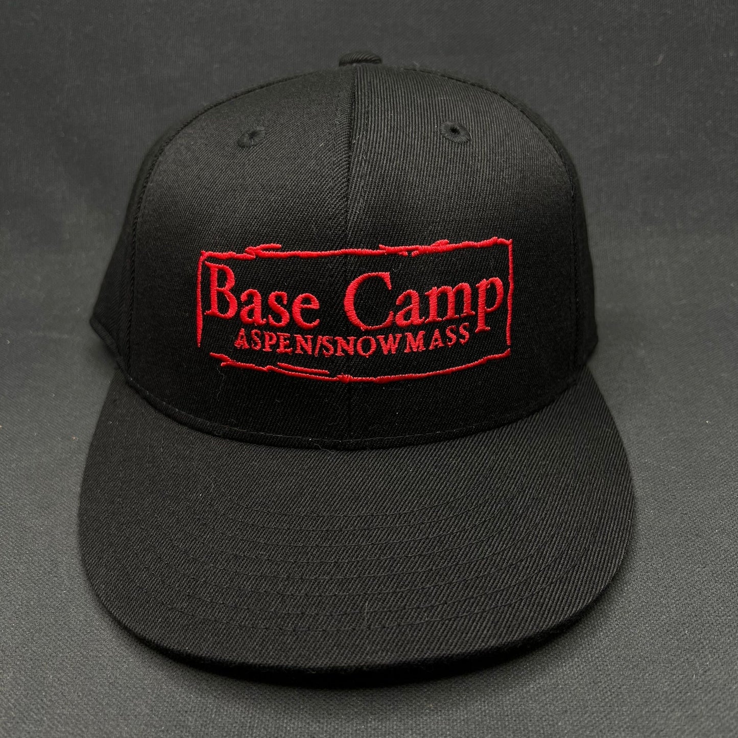 7 5/8 Base Camp Aspen Snowmass Hat Flexfit 210 Fitted Black Red Logo Cap