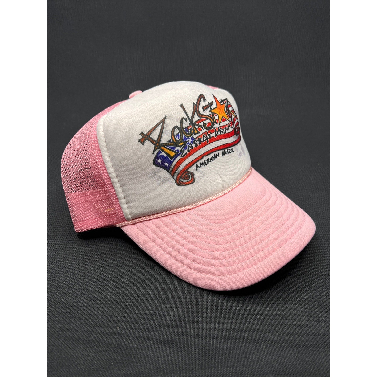 Vintage Rockstar Energy Drink Trucker Hat – Pink Mesh Foam Snapback Made In USA