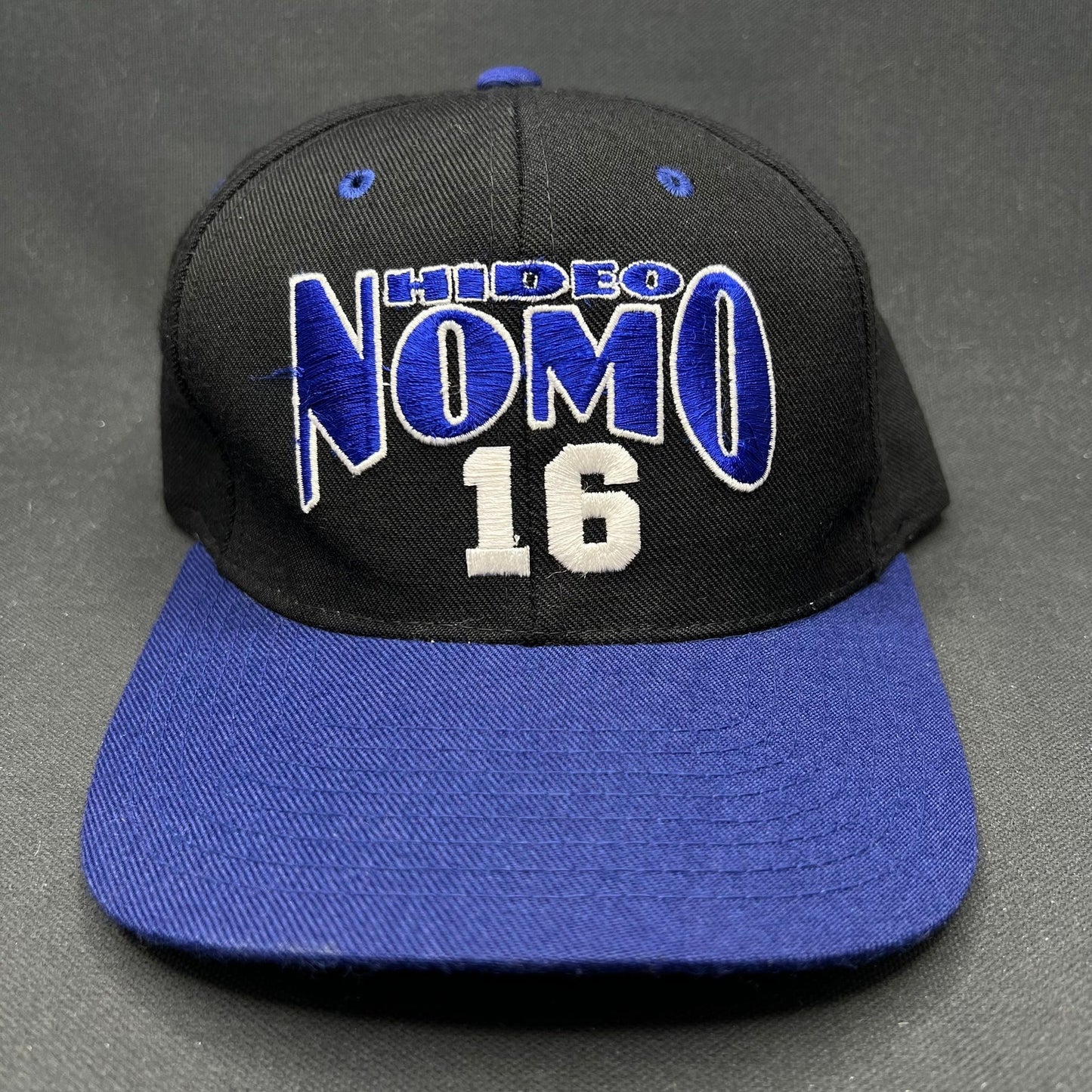 Vintage Hideo Nomo Dodgers Nutmeg Snapback Hat MLB Black Blue 90s