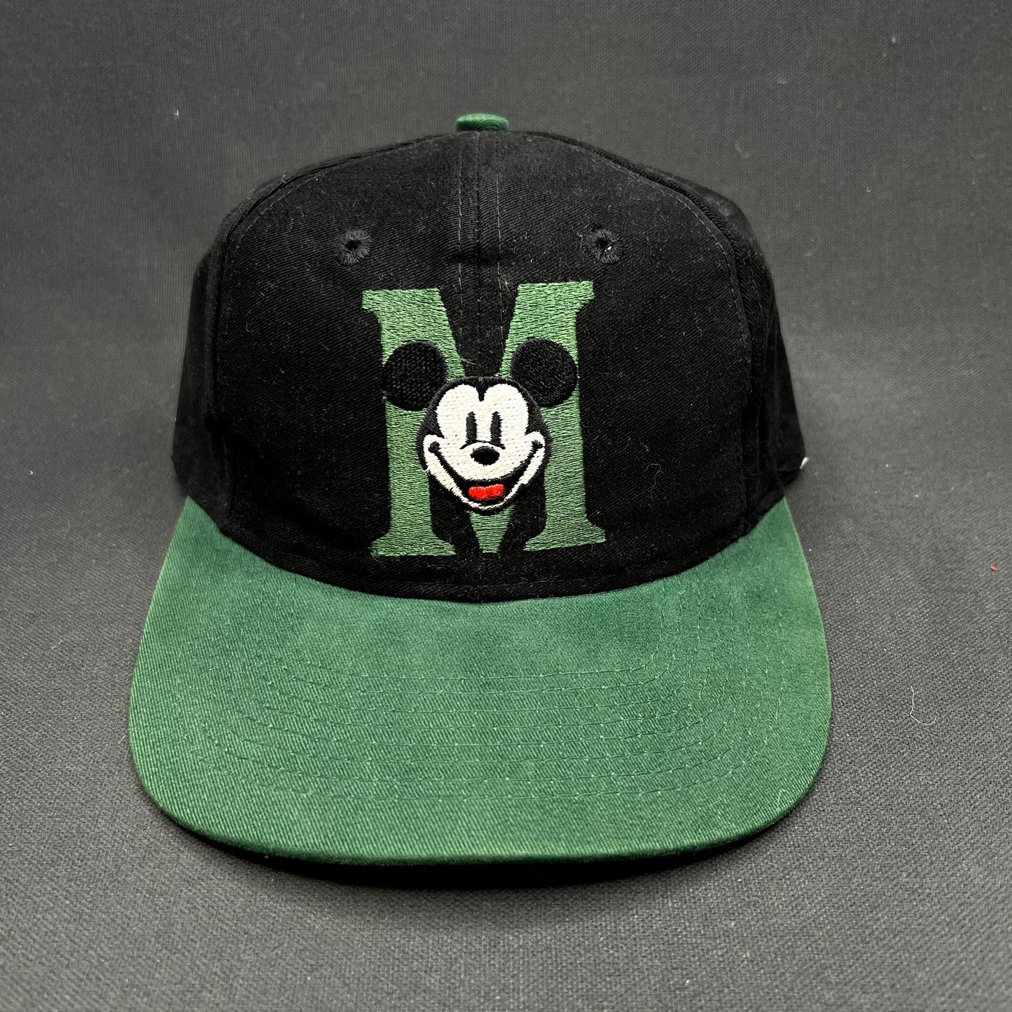 Vintage 90s Disney Store Mickey Mouse M Logo Snapback Hat Black Green Cap