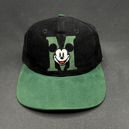 Vintage 90s Disney Store Mickey Mouse M Logo Snapback Hat Black Green Cap