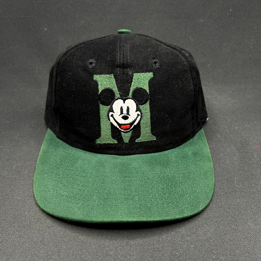 Vintage 90s Disney Store Mickey Mouse M Logo Snapback Hat Black Green Cap