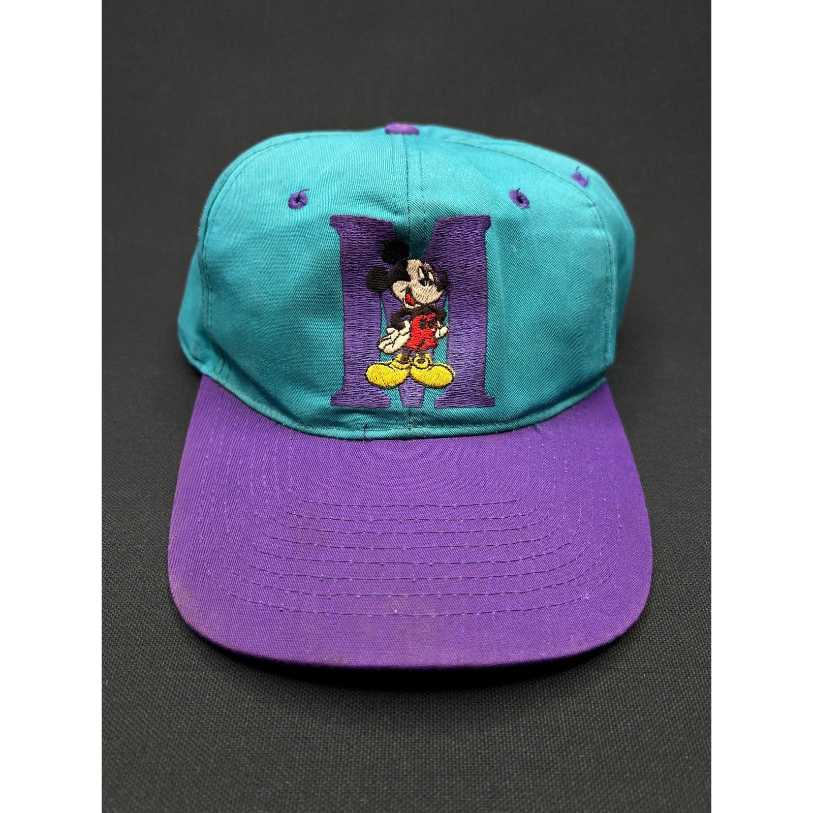 Vintage 1990s Mickey Mouse “M” Hat – Teal & Purple Snapback by Mickey Unlimited (Disney)