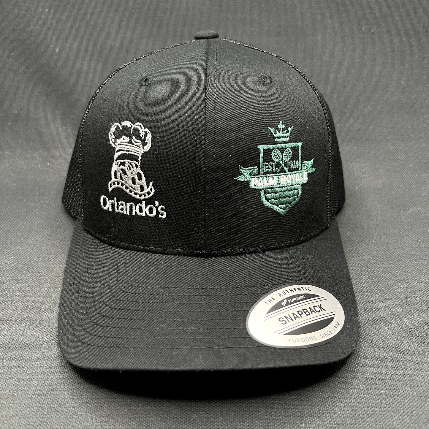 Orlando’s Palm Royale Trucker Snapback Hat Yupoong Black Mesh Cap