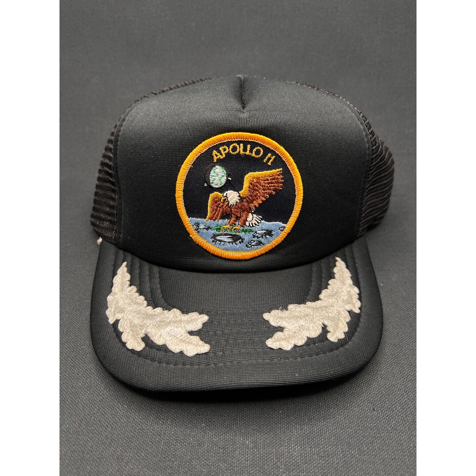 Vintage Apollo 11 NASA Space Trucker Hat Black Snapback Civic Cap Gold Leaf