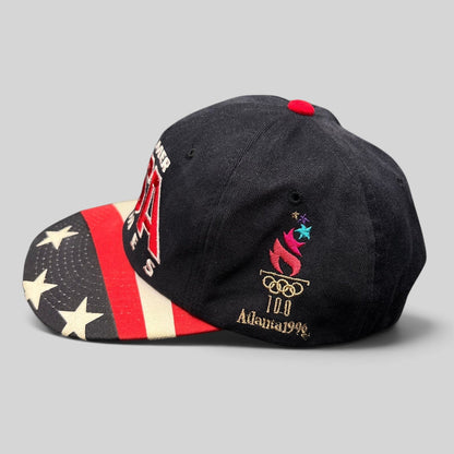 Raree Finds vintage 1996 Atlanta Olympics Starter snapback hat with black crown and American flag print brim