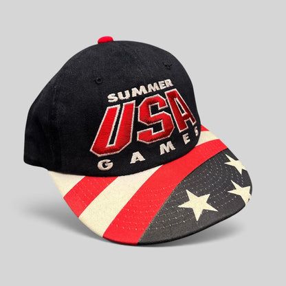 Raree Finds vintage 1996 Atlanta Olympics Starter snapback hat with black crown and American flag print brim.