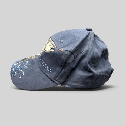 Raree Finds vintage Alaska cotton strapback hat featuring embroidered rainbow trout and fishing fly design