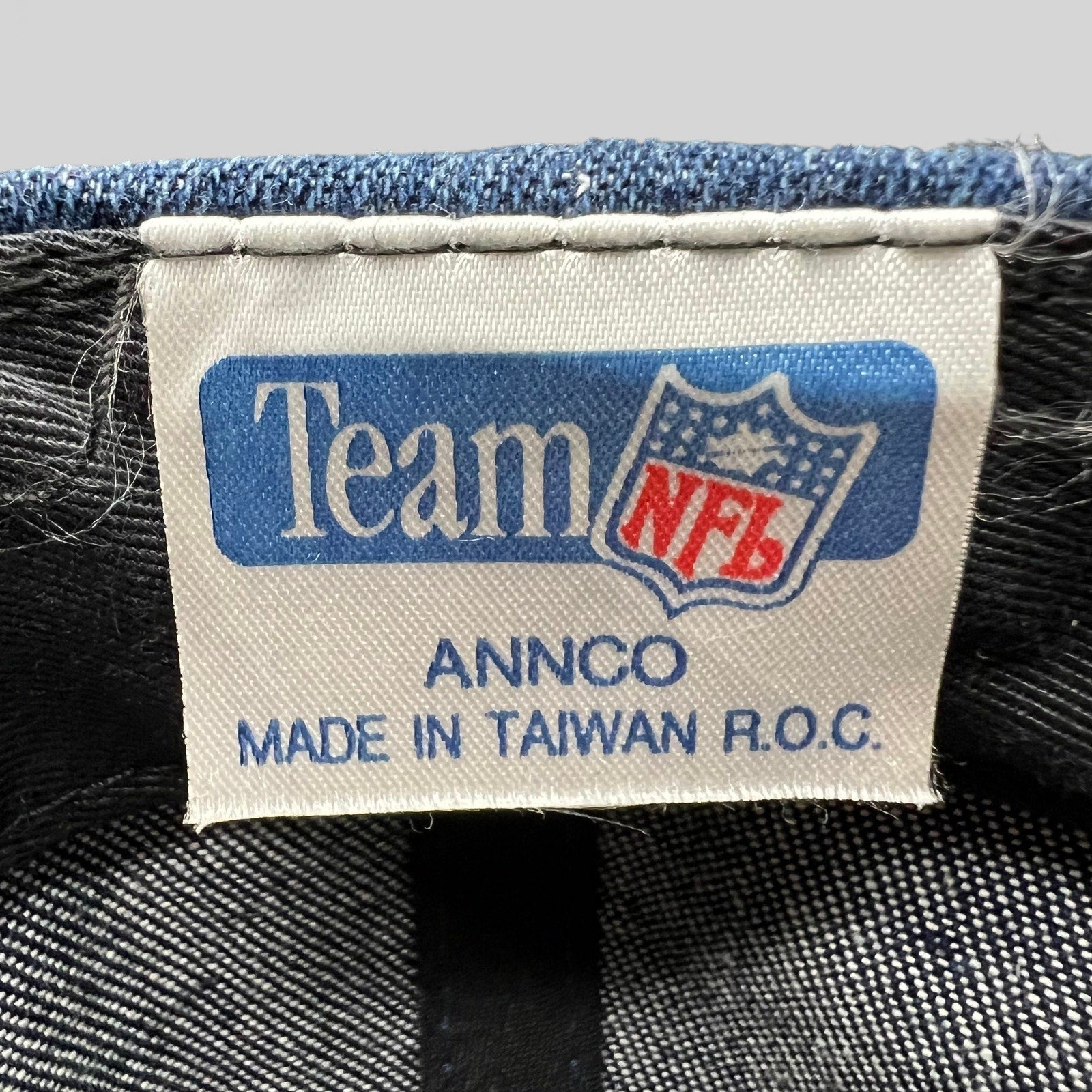 Raree Finds vintage Annco Kansas City Chiefs hat interior tag showing Team NFL branding and Made in Taiwan origin