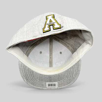 Raree Finds Appalachian State Mountaineers fitted hat interior showing the embroidered A logo on the heather gray crown