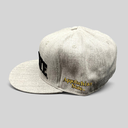 Raree Finds heather gray Appalachian State Mountaineers fitted hat with black front text and yellow side embroidery