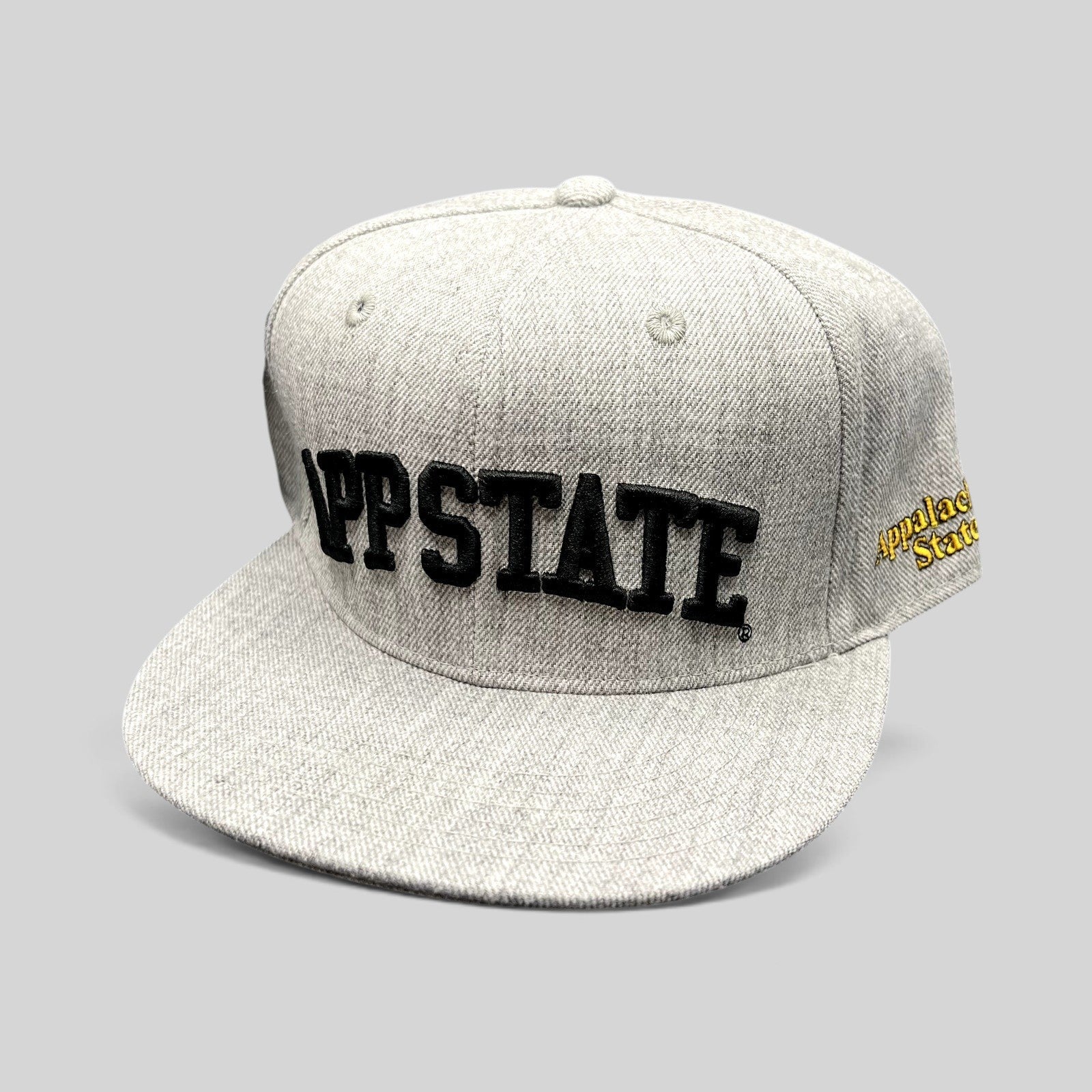 Raree Finds Appalachian State Mountaineers heather gray fitted hat with black APP STATE embroidery and flat brim