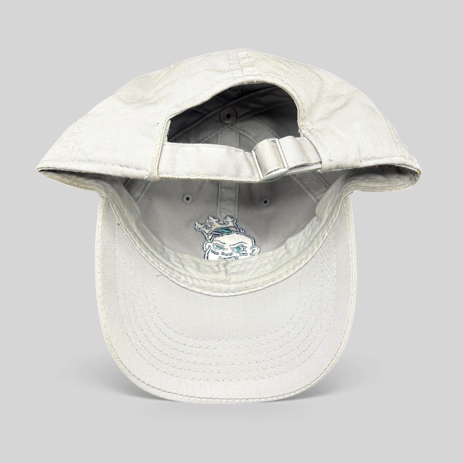 Raree Finds cream cotton strapback dad hat with New Orleans Baby Cakes logo on the interior and signed brim