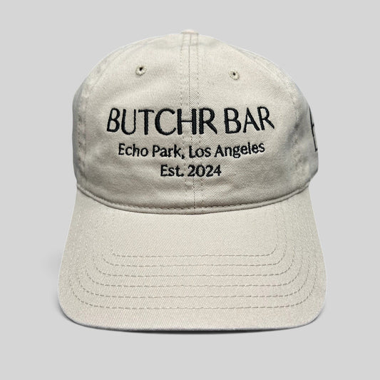Raree Finds beige cotton twill strapback hat with black Butchr Bar Echo Park Los Angeles embroidery