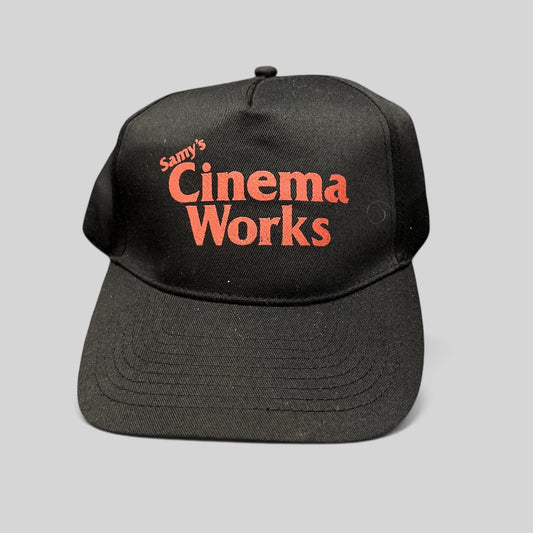 Raree Finds vintage black cotton strapback hat with red Samy’s CinemaWorks film production logo embroidery