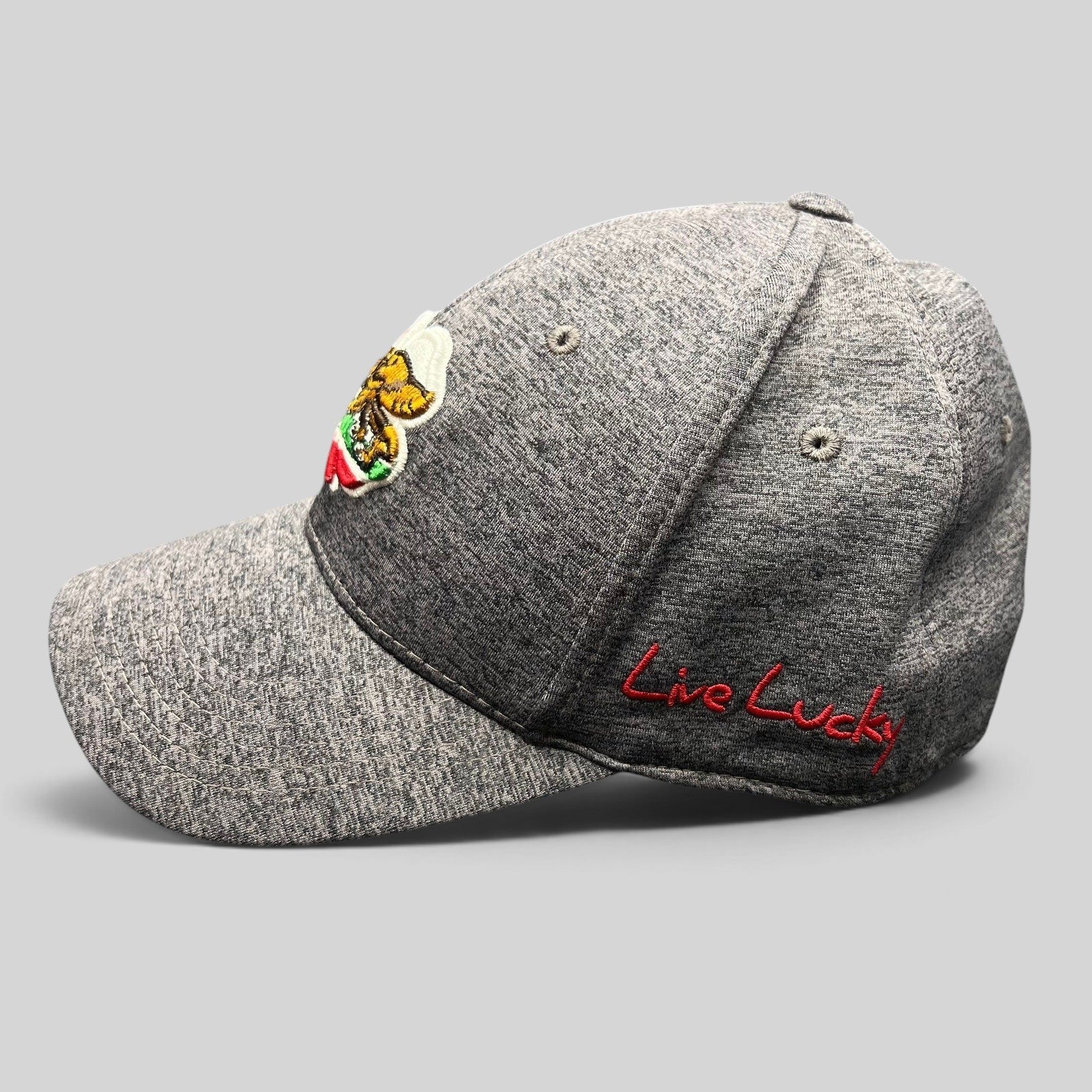 Raree Finds Black Clover heather gray performance golf cap with California bear clover logo and red Live Lucky text