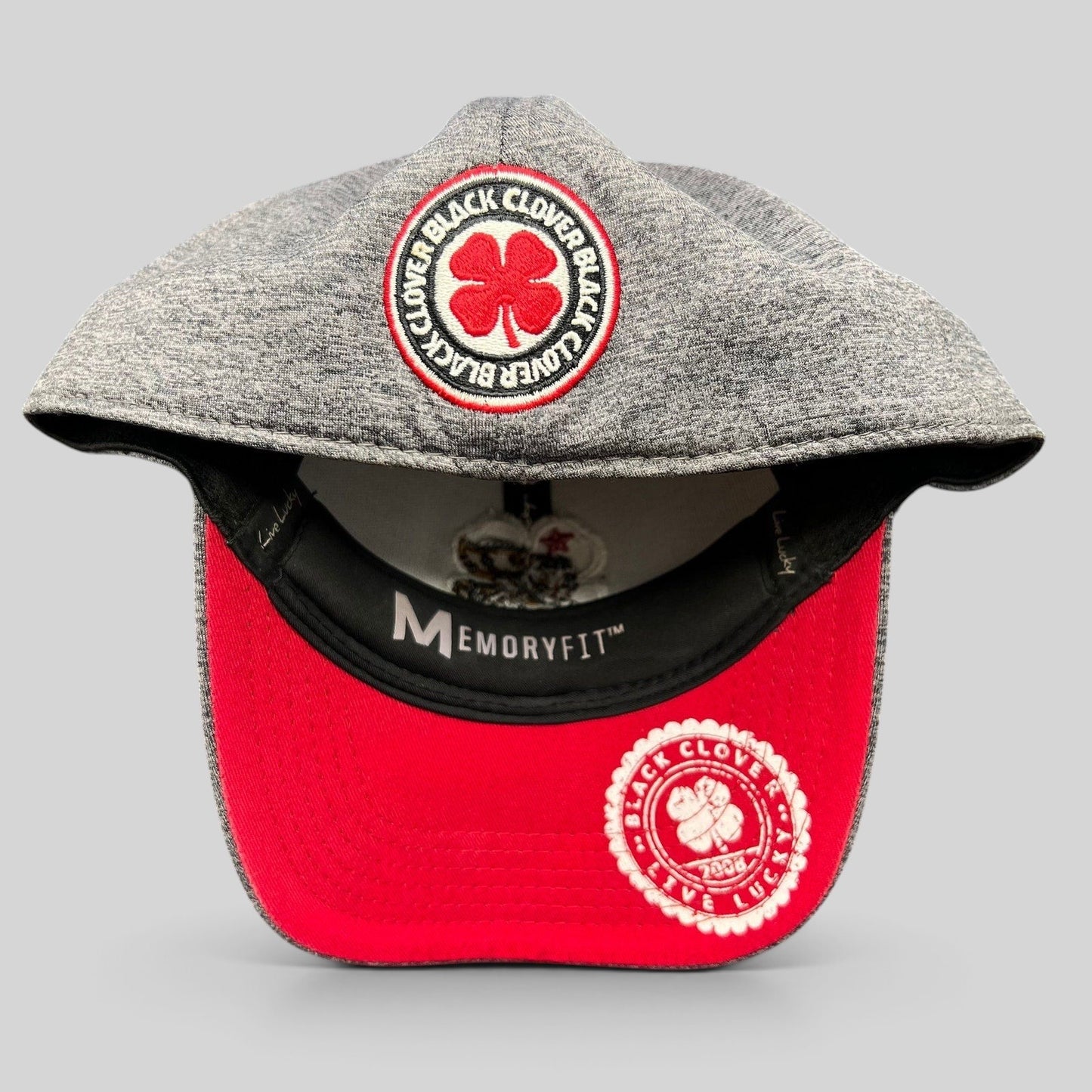 Raree Finds Black Clover heather gray performance golf cap with red undervisor and California bear clover logo