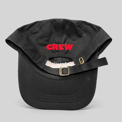 Raree Finds black cotton strapback hat with red embroidered CREW text and brass buckle closure