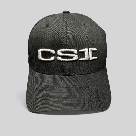 Raree Finds black Yupoong Flexfit cap with raised white CSI embroidery on the front panel