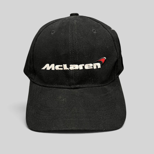 Raree Finds black cotton McLaren strapback hat with embroidered white wordmark and red speedmark logo