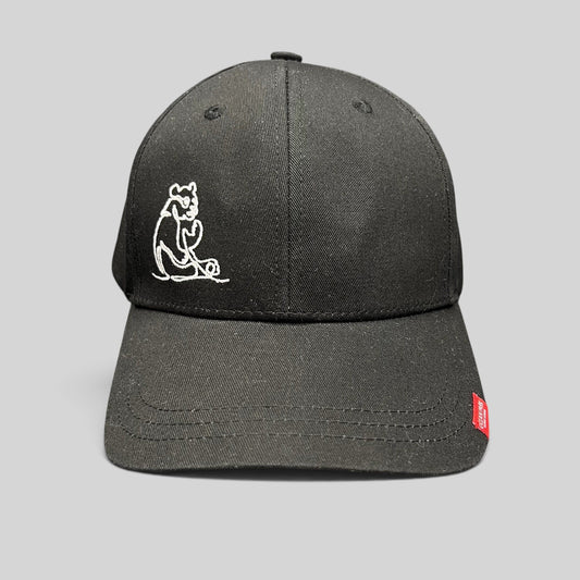 Raree Finds black strapback hat featuring a minimalist white embroidered panda graphic and small red side tag.