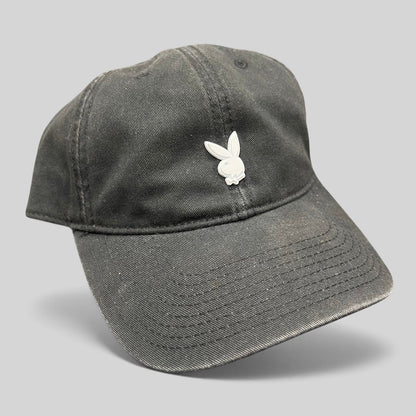 Raree Finds black cotton strapback hat featuring a minimalist silver metal Playboy bunny logo on the front crown