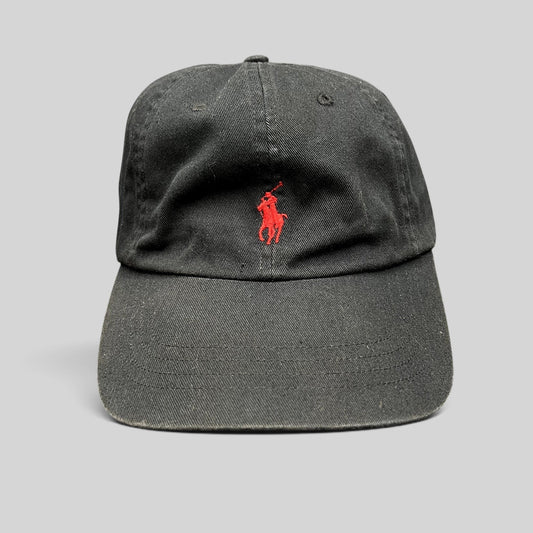 Raree Finds black cotton twill Polo Ralph Lauren strapback hat with a red embroidered pony logo on the front.