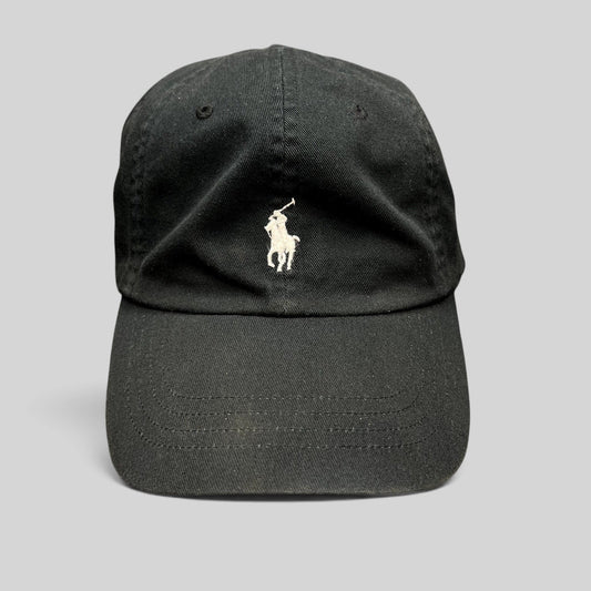 Raree Finds black cotton twill strapback hat with a white embroidered Polo Ralph Lauren pony logo on the front.