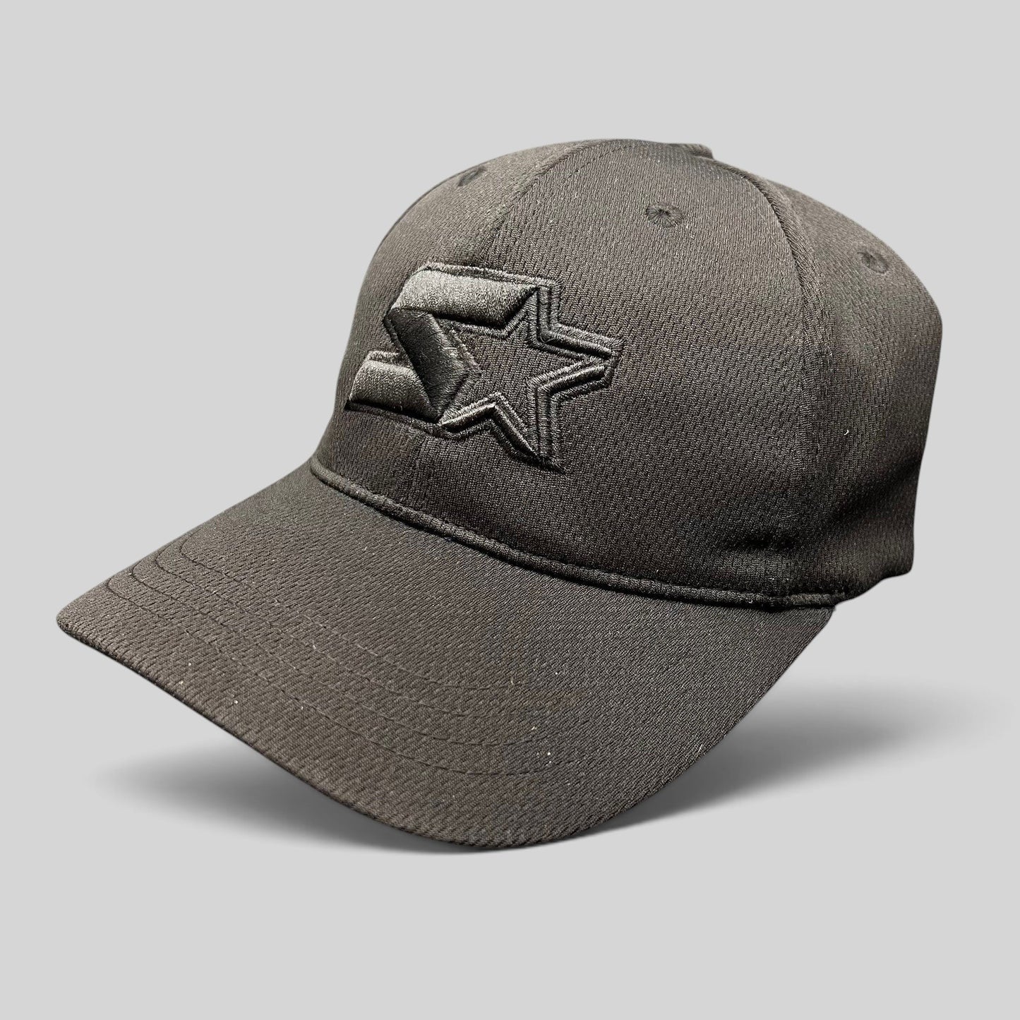 Raree Finds black Starter strapback hat with tonal embroidered logo on a structured polyester crown and curved brim.